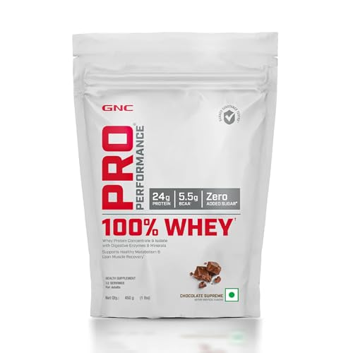 GNC Pro Performance 100% Whey Protein | 450g | Muscle Growth | Muscle Recovery | DigeZyme® For Easy Digestion | Informed Choice Certified | 24g Protein | 5.5g BCAA | Chocolate Supreme