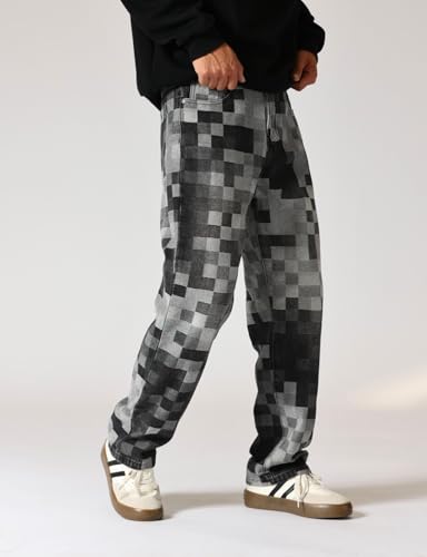 Men Check Mosaic Jacquard Weave Loose Straight Denim Jeans4