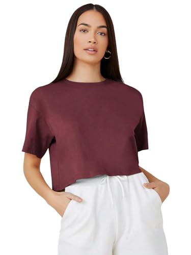 Image of KOTTY Women's Solid Cotton Blend Oversized Crop T-Shirt | Casual Summer Tee