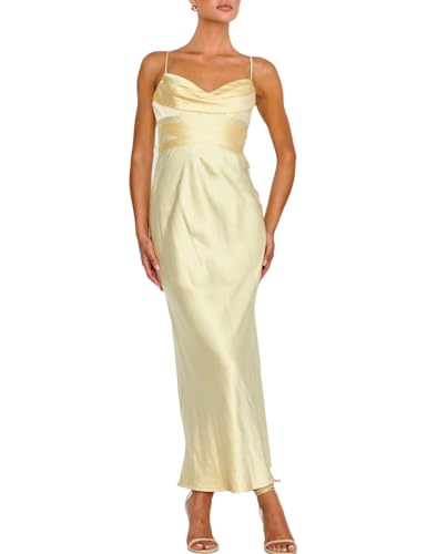 Image of Summer Satin Cowl Neck Maxi Wedding Guest Cocktail Dress for Women