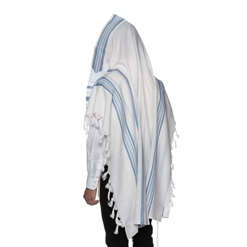 Image of HOLY VOICE 100% Wool Tallit Prayer Shawl Kosher Certified White with Stripes for Men, Made in Israel w / 100% Wool Tzitzit
