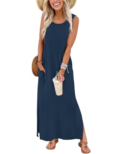 Image of WIHOLL Maxi Dress Summer Dresses 2026 Beach Vacation Clothes Sleeveless Sundresses with Pockets Boho S-3XL