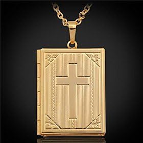 OgaVa U7 Vintage Cross Bible Photo Locket Pendant Floating Lockets 18K Gold Platinum Plated Necklace For Men Women