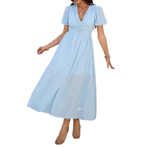 Image of Women Summer Casual Midi Dress Puff Sleeve V Neck Ruched Button Front Split Boho Beach Vacation Wedding Dresses 2026
