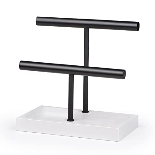 Szqinji Bracelet Holder Organizer Jewelry Display Stand, Solid Wood Base With 2 Tier Metal T-Bar For Bracelet Wristband Bangle Watch Necklace Hanging, White #TOP12
