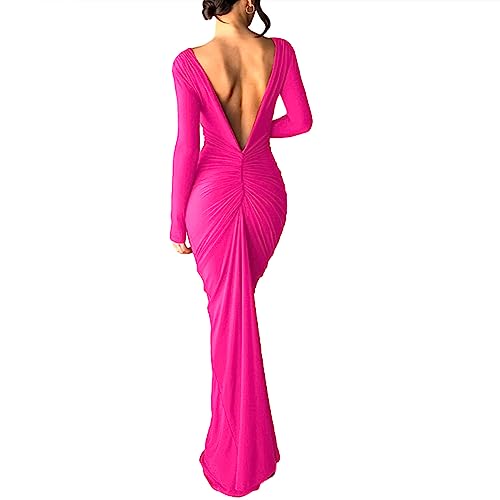 Loalirando Langes Kleid für Damen, rückenfreies Kleid für Damen, elegantes Kleid, Langarm, Zeremonie, Partykleid, Bodycon-Kleid, tiefer...