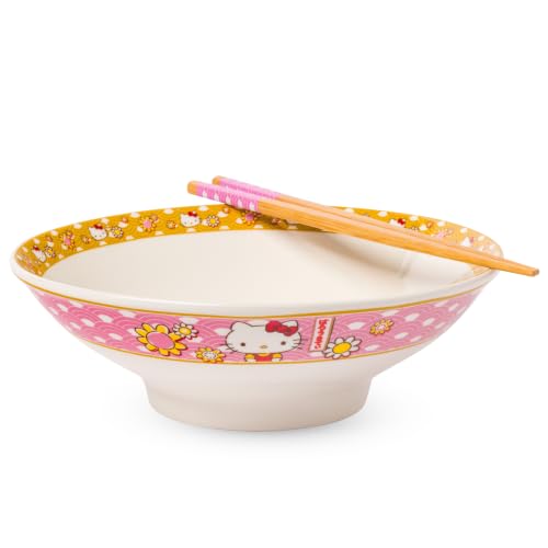 Image of Silver Buffalo Sanrio Hello Kitty Pink, Ramen Bowl with Chopsticks, 30oz | Gold Japanese Pattern with Flowers, Ceramic, Noodle Rice, Microwave Safe, 0.89 Liters