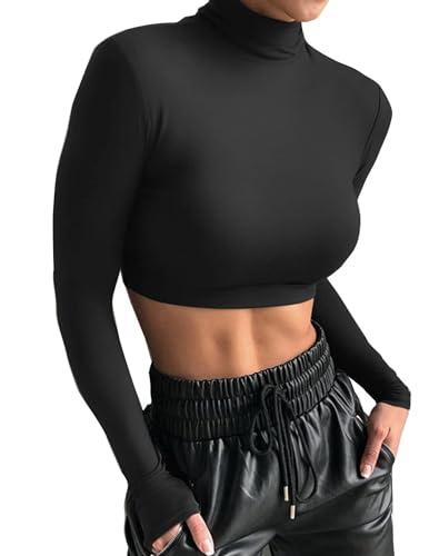 GEMBERA Women's Long Sleeve Turtleneck Crop Tops Fitted Basic T Shirt Top2
