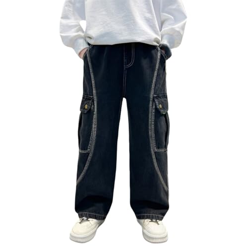 Kids Boys Baggy Cargo Jeans Wide Leg Elastic Waist Denim Pants Casual Irregular Sutures Pants with Multi-Pocket