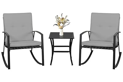 Walsunny 3 Pieces Patio Set Outdoor Wicker Patio Furniture Sets Modern Rocking Bistro Set Rattan Chair Conversation Sets with Coffee Table (Dark Grey)