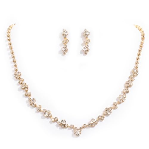 Unicra Bride Crystal Necklace Earrings Set Bridal Wedding Jewelry Sets Rhinestone Choker Necklace Prom Costume Jewelry Set for Women and Brides (3 piece set - 2 earrings and 1 necklace) (Gold)