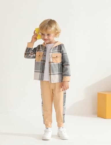 Image of Toddler Boy Clothes Plaid Hooded Shirt White T-shirt Top and Solid Color Pants 3Pcs Winter Boys Clothes