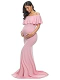 Glampunch Womens Off Shoulder Maternity Dress Ruffles Elegant Slim Gowns Fit Maxi Photography Dress A-Pink