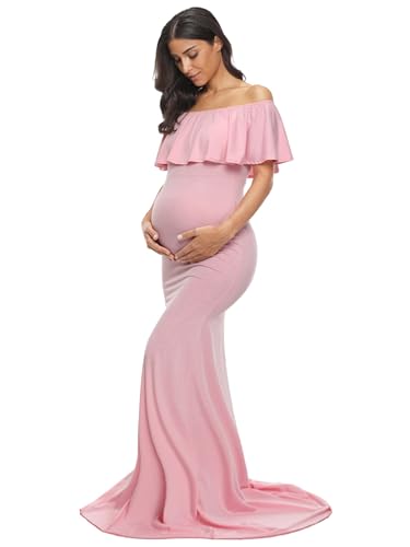 Glampunch Womens Off Shoulder Maternity Dress Ruffles Elegant Slim Gowns Fit Maxi Photography Dress A-Pink