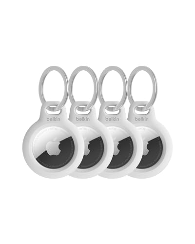 Image of Belkin Apple AirTag Secure Holder with Key Ring - Durable, Scratch-Resistant Case with Open Face & Raised Edges - Protective AirTag Keychain Accessory for Keys, Pets, Luggage, & More - White (4-Pack)
