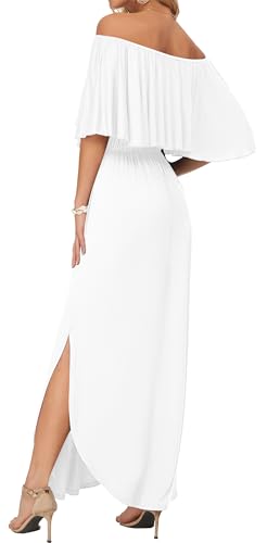 AUSELILY Womens Off The Shoulder Dress Summer Casual Long Ruffle Party Side Split Beach Maxi Dresses with Pockets4