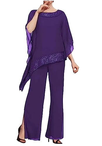 3 piezas de traje de gasa con cuentas para la madre de la novia, conjunto de pantalones para invitada de boda, vestido formal de noche, Morado (, 54