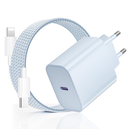 20W Cargador para iPhone Carga Rapida, USB C Cargador para iPhone 14 13, PD3.0 Enchufe con 2M Cable Lighting para Phone 14 Plus/14 Pro/14 Pro Max/13 12 11 SE XS MAX XR, para Pad - Azul