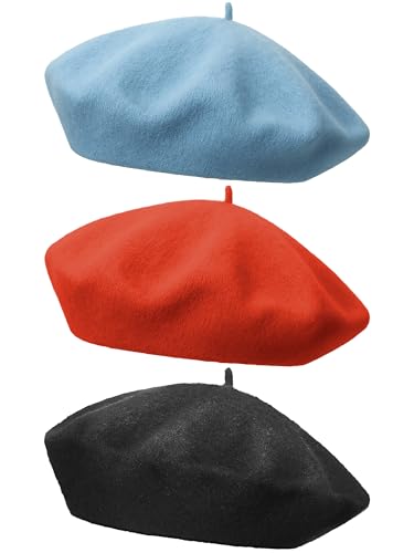 HESTYA 3 Pieces Wool Beret Hat French Style Wool Beanie Cap Solid Color Winter Hat for Women and Girls Casual Use (Black Rust Red Sky Blue)