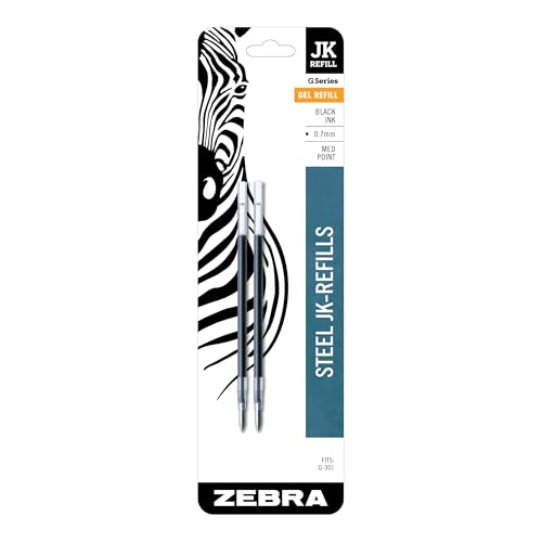 Zebra Pen Steel, JK-Refill Gel Ink Refills, 0.7mm Medium Point, Black Ink, Fits G-301, G-450, and G-750 Gel Pens, Smooth and Consistent Writing Performance, 2-Pack (88112)