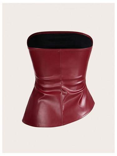 SOLY HUX Women's PU Leather Tube Top Strapless Ruched Asymmetrical Bandeau Tops Rave Concert Outfit2