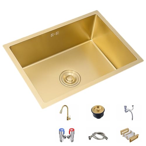 MZQMK Gold Drop In Kitchen Sink Single Bowl Handmade Sturdy Stainless Steel With Gold Sink Protector And Sink Drain(D,78x43cm/31x17in)