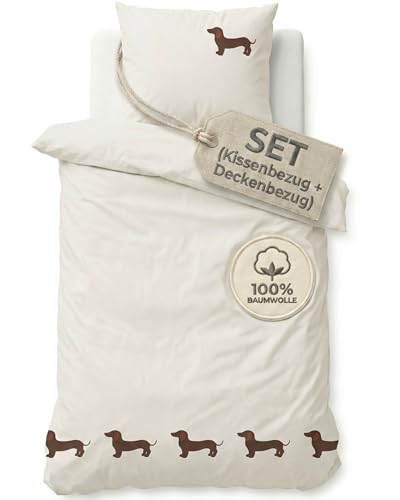 Trautesheim Bettwäsche Set mit Dackelmotiv (2-teilig) – Bettwäsche 135x200cm mit Kissenbezug 80x80cm – Bettbezug aus 100% nachhaltiger Baumwolle