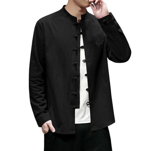 Chemise en lin coton homme style chinois rétro coupe ample manches longues haut de gamme