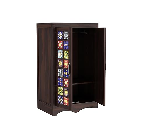 Image of Sheesham Wood Wooden 2 Door Wardrobe Organizer for Clothes | - Solid Wood Almirah with 2 Shelves - with Hanging Space Cupboard for Large Bedroom (Design 18)