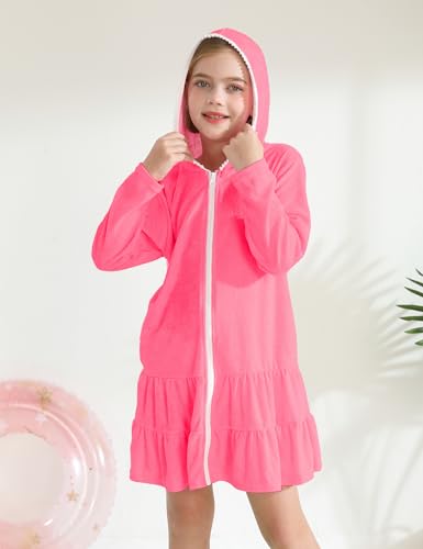 Image of Girls Swim Cover Up Kids Long Sleeve Swimsuit Coverup Terry Beach Pool Clothes with Sunglasses