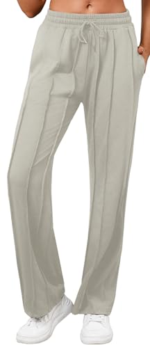 Pantalones deportivos de cintura alta con cordón para mujer, pierna ancha, color liso, pantalones deportivos casuales sueltos para yoga con bolsillos, 6263 Gris, Small