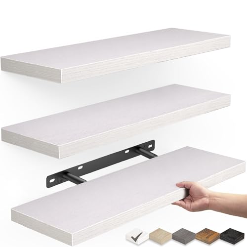 BAYKA White Floating Shelves for Wall – Rustic Wood Wall Shelves with Metal Brackets for Bathroom, Bedroom, Kitchen, or Living Room Decor Organization – Set of 3, Sturdy Storage with 22lb Capacity