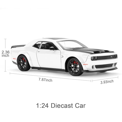 Image of WORSHIPER 1:24 Dodge Challenger SRT Exclusive Alloy Metal Pull Back Die-cast Car Model with Sound Light Mini Auto Toy for Kids for Toy Car with Sound and Light (1:24 Dodge Challenger - White)
