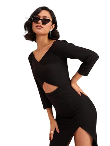 Image of barcino Black Rib Side Slit Wrap Neck Cut-Out Midi Dress