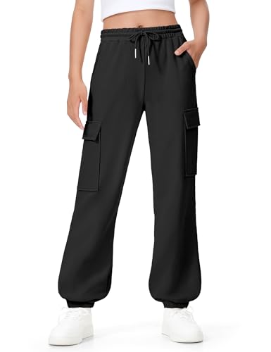 BOOPH Girls Sweatpants Kids Baggy Cargo Pants Athletic Drawstring Jogger Pants with Pockets 7-14Y