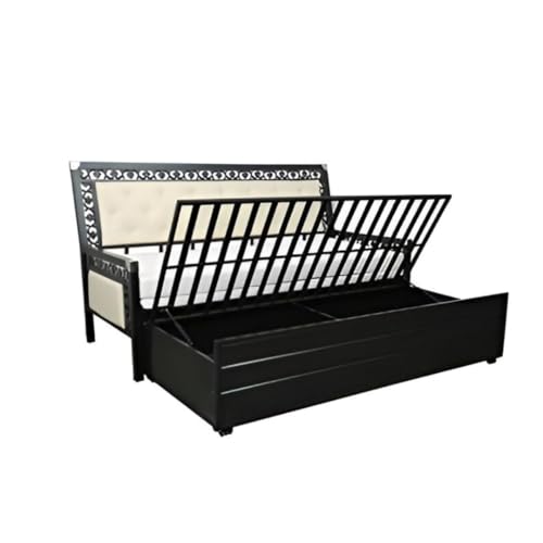 Image of Rexo Metal Sofa Cum Bed with Hydraulic Storage | 3 Seater Convertible Sofa Bed for Living Room | Heavy Duty Metal FrameMatte Black Finish with White Cushion, Single
