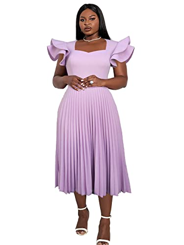 AOMEI Women's Light Purple Square Collar Ruffles Sleeve Pleated Elegant Midi Dress