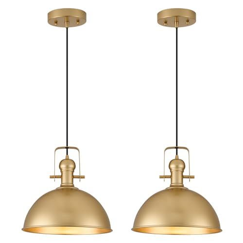 Image of 12 Inch Gold Modern Pendant Lights for Kitchen Island 2 Pack | ETL Certificate, Easy to Install,Adjustable Height Cord,Vintage Industrial Dome Hanging Light Fixtures
