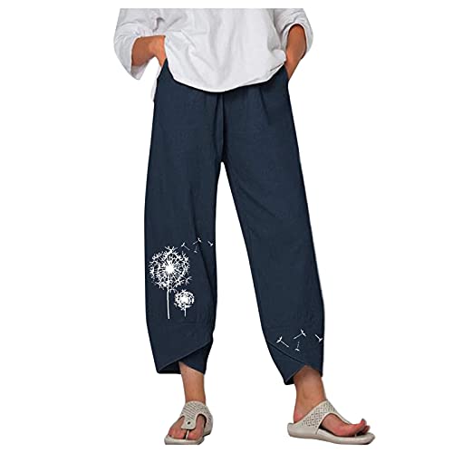 Image of Cotton Linen Capri Pants for Women 2025 Casual Printed Cropped Palazzo Pants Elastic Waist Lounge Baggy Trousers