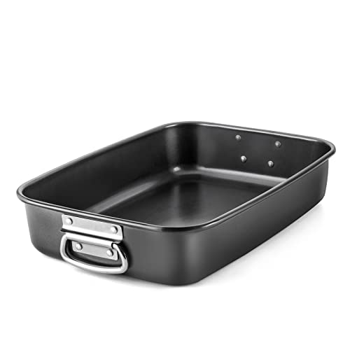 HONGBAKE Lasagna Pan 3 Inch Deep, 15×10″ Baking Pan for Oven, Nonstick Cake Baking Dish for Brownie, Roasting Pans with Stainless Steel Handles, Heavy Duty, Dishwasher Safe, Dark Grey