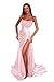 Tsbridal Glitter Sequin Prom Dresses Satin Mermaid Slit Sparkly Stretch Long Formal Wedding Dress with Train Baby Pink US 18W