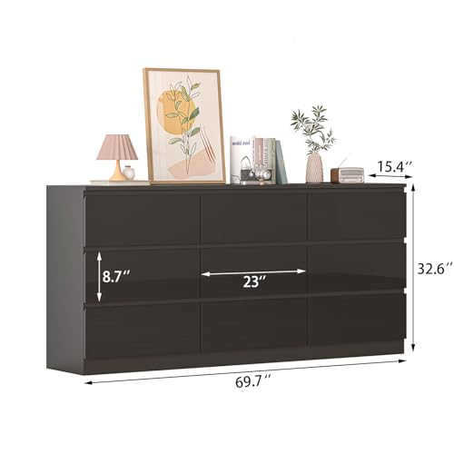 Image of JassmiPkwy 70 INCH 9 Drawers Dresser with Power Outlet, Wide High Gloss Chest of Drawers Large, Modern Storage Drawer Dresser for Bedroom, Black