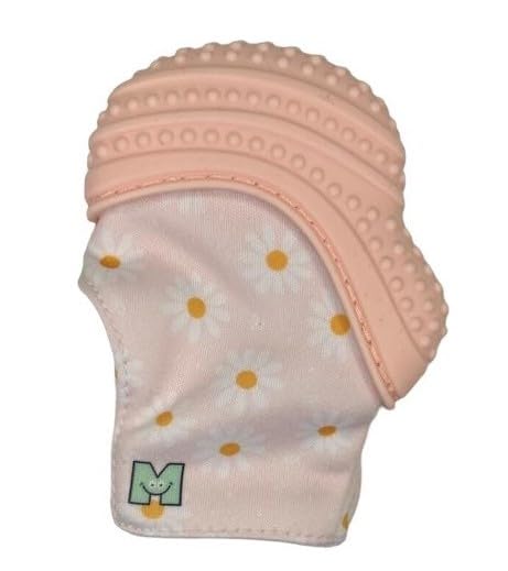 Image of Malarkey Kids Baby Teething Mitten, Munch Mitt Baby Chew Toy - Protects Hands from Chewing & Saliva, Heals Aching Gums, Promotes Sound & Visual Stimulation for Babies Up to 1-Year-Old (Pink Daisies)