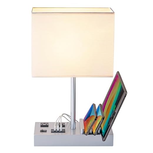 Dreamholder Desk Lamp with 3 USB Charging Ports, 2 AC Outlets and 3 Phone Stands, Modern USB Table Lamp with Black Wooden Base and Cream Linen Shade