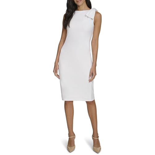 Image of Calvin Klein Women's Sleeveless Bow Shoulder Detail Knee Length Crepe Sheath Dress