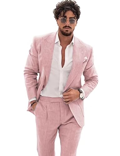 Wangyue Men's 2-Piece Linen Suit Casual Slim Fit Vintage Suits Groomsmen Tuxedos Wedding Summer Beach Blazer Pants Set