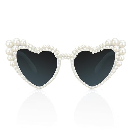 Tanganan Heart Sunglasses Love Heart Pearl Sunglasses for Women White Rhinestone Glasses Bachelorette Party Bride Sunglasses