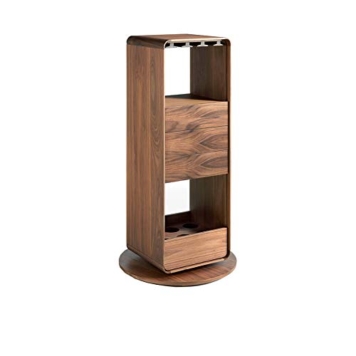 ANGEL CERDÁ | Mueble Bar Circular Madera Nogal, Giratorio 360º, con Tres Cajones Sistema Push y Cierre Soft-Closing, con Soporte para Copas, Espacio Interior 6 Botellas, Estilo Moderno