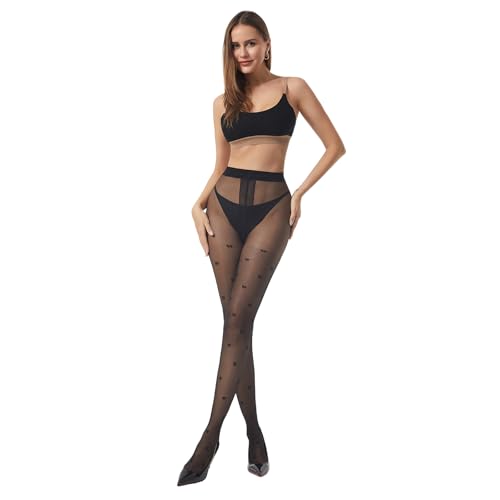 Image of Patterned Tights for Women High Waist Pantyhose Black Sheer Stockings 15D