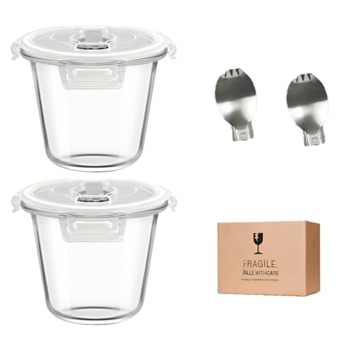 Image of H.JSS WDJS 3 Cup Round Glass Meal Prep Containers with Lids,24oz Glass Food Storage Containers with Spoons, Heat-Resistant BPA-Free for Soup, Leftover, Oven, Dishwasher, Fridge, Freezer Safe (2 Pack)